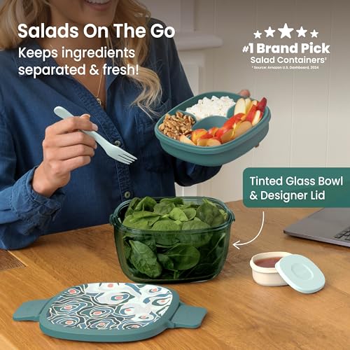Image of Bentgo Glass Prints Salad Container - 7.6-Cup Tinted Glass Salad Bowl with Airtight Lid, Leak-Proof Sauce Container, 4-Compartment Bento Meal Prep Tray & Reusable Fork (Floral Maximalist - Sea)