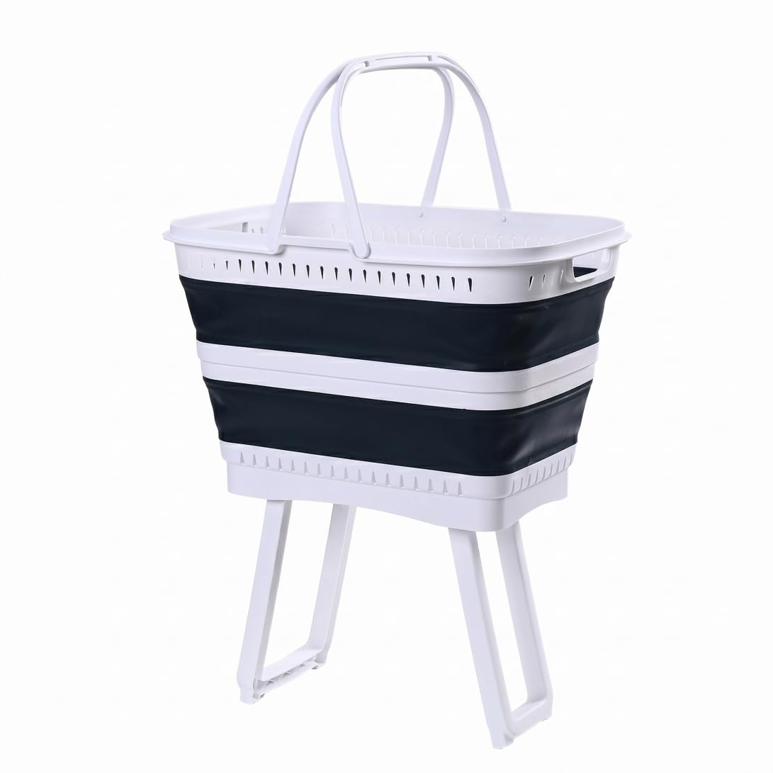 Vervevum Collapsible Plastic Laundry Basket with Legs, 26l Large Capacity Foldable Hamper With Handles for Bathroom, Bedroom, Kitchen, Playroom, Dorm, Dark Blue, Folding Laundry Basket