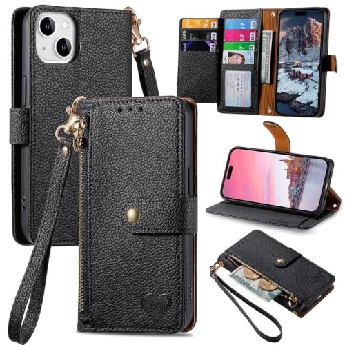 Étui iPhone 16 Plus noir housse portefeuille en cuir à rabat