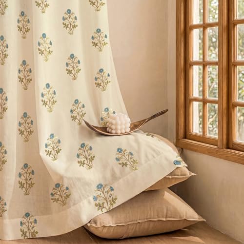 Image of Urban Space 100% Cotton Curtains with Gold Foil Print | Upto 60% Light Blocking Window Curtain 5 feet I Set of 2 Decorative Curtains with Eyelets and Tieback Included (Zari Mohar Blue Gold - 5 feet)