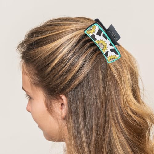 Image of PALAY Hair Claw Clip 4 Inch Black Leather Print Sunflower Design