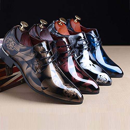 Image of Men Fashion Dress Business Shoe Pointed Toe Floral Patent Leather Lace Up Oxford Black Brown Red Grey