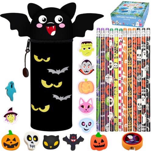 Scribbelfein Halloween Radierbare Gelstifte Set, Kawaii 2-in-1 Federmäppchen, Halloween Schreibwaren Set für Kinder Schulbüro Familie Partytüte Füller
