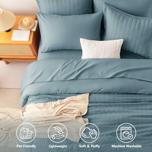 Image of CozyLux Oversized Queen Comforter Set with Sheets, 7 Pieces 98 inchx98 inch Mineral Blue Seersucker Bed in a Bag, Luxury Soft Bedding Sets with Down Alternative Comforter, Sheets, Pillowcases & Shams