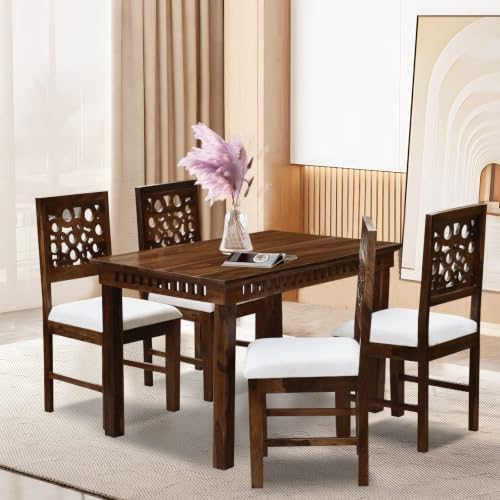 Image of MoonWooden Sheesham Wood Dining Table Set of 4 Wooden Dinner Dinning Table with 4 Chairs for Dining Furniture for Living Room Home (Walnut Finish)
