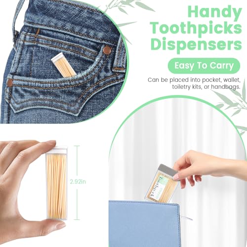 Veexio Sturdy Toothpick Holder with 1300 Natural Bamboo Toothpicks for Teeth Cleaning, Kitchen, Travel & Outdoor-Includes 4 Refillable Dispensers & 2 Pocket Containers