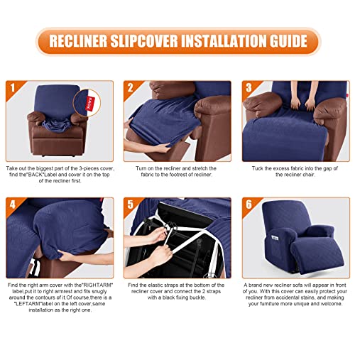 Image of VANSOFY Recliner Chair Cover, 3-Pieces Stretch Recliner Covers for Recliner Chair Soft Reclining Chair Slipcover Furniture Protector for Dogs Cats(Navy Blue)