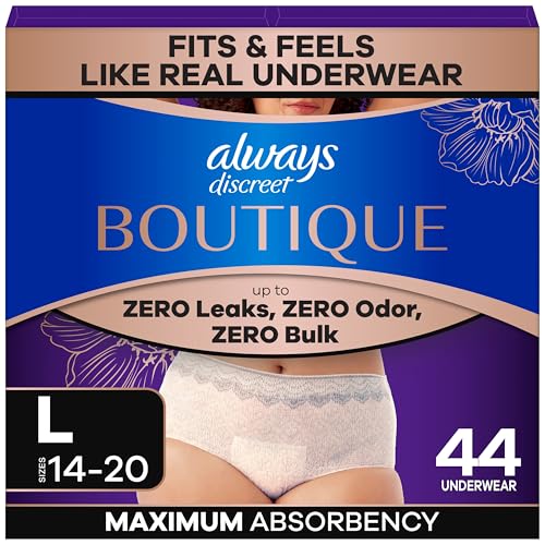 Image of Always Discreet Boutique Incontinence and Postpartum Underwear for Women, Maximum Protection, Large, Rosy, 44 Count (2 Packs of 22)