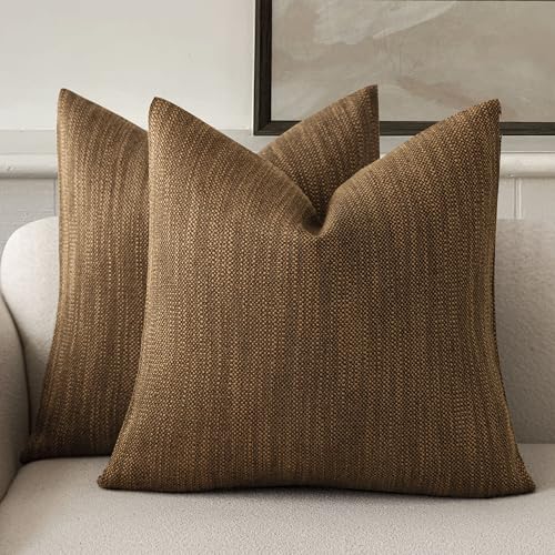 Image of Foindtower Set of 2 Decorative Textured Burlap Linen Throw Pillow Covers Farmhouse Boho Cushion Cover Solid Accent Pillowcase for Couch Sofa Bed Living Room Home Decor,18x18 Inch,Golden Brown
