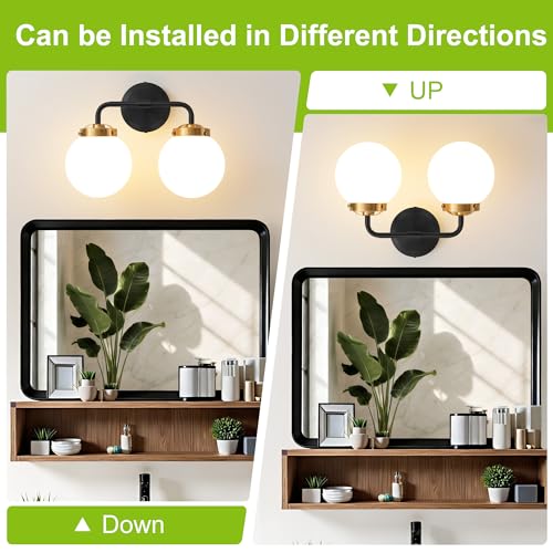 Image of Bathroom Light Fixtures 14in 2-Light Black Gold Vanity Lights for Mirror | Bathroom Lighting Fixtures over Mirror, ETL, Brushed Brass Wall Sconce, Dimmable E12 Base Max 60W, Milky Glass Ball Shades