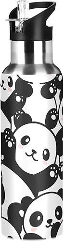Botella de agua Panda para niños, con tapa de pajilla, a prueba de fugas, lindo estampado de animales, botella de agua aislada de acero inoxidable