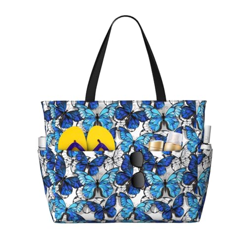 Large Beach Bags Water-resistant Sandproof - Blue and White Butterflies Cute Beach Tote Bags for Women with Zipper
