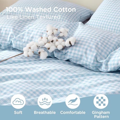 Image of TOCOMOA Sky Blue Gingham Duvet Cover Bedding Set 100% Washed Cotton Like Linen Feel Super Soft Comfy 3 Piece Vintage Plaid Checkered Comforter Cover Set (Queen 90 inchx90 inch, Comforter Not Included)