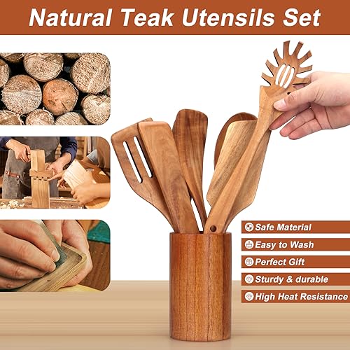 Image of 9 Pcs Wooden Spoons for Cooking Utensils with Utensil Holder Teak Wood Kitchen Utensils Set Flat Wooden Spatula Cooking Mixing Spoons Spaghetti Spoon Slotted Turner Scraper Spatula Large Utensils