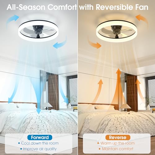 NIORSUN 50cm Ceiling Fans with Lights and Remote, 6 Speeds Modern Smart LED Ceiling Fan Light, 3000K-6500K Dimmable Quiet Fan Lights Ceiling for Bedroom Living Room Dining Room (Black) - 3