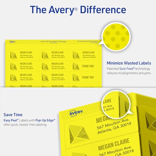 Image of Avery Printable Address Labels, Sure Feed Technology, 1 inch x 2-5 /8 inch, Neon Yellow, Laser & Inkjet Compatible, 750 Blank Labels Total, Great for Branding, Mailing, Organizing, and More (5972)
