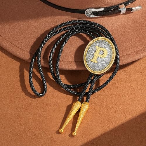 Image of HUABOLA CALYN Bolo tie for Men, Western Cowboy Golden Alphabet Initial Letter ABCDJMR to Y Costume Bolo ties Neckties