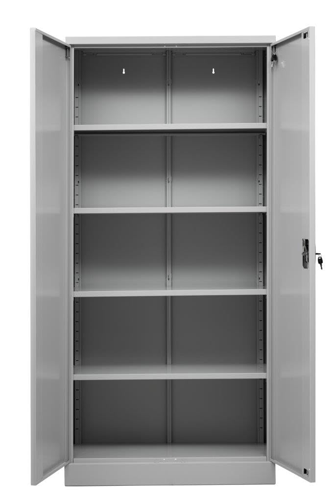 Sigma Armadietto per Documenti in Metallo, 92x42x195 cm, 2 Ante Battenti, 4 Ripiani Regolabili (50 kg Ciascuno), Serratura a Chiave, Maniglia Rotante, Ideale per Ufficio, Garage ed Esterni, Grigio