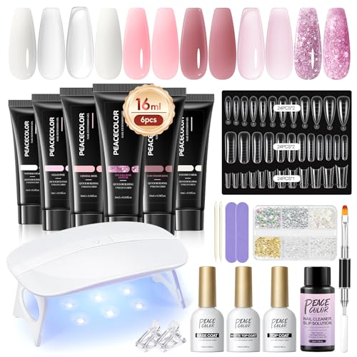 PEACECOLOR 24PCS Poly Nail Gel Kit with U V Light 6 Colors Pink White Clear Nude Glitter Nail Extension Gel with Base Glossy & Matte Top Coat Slip Solution Starter Manicure Kit for Women Beginners