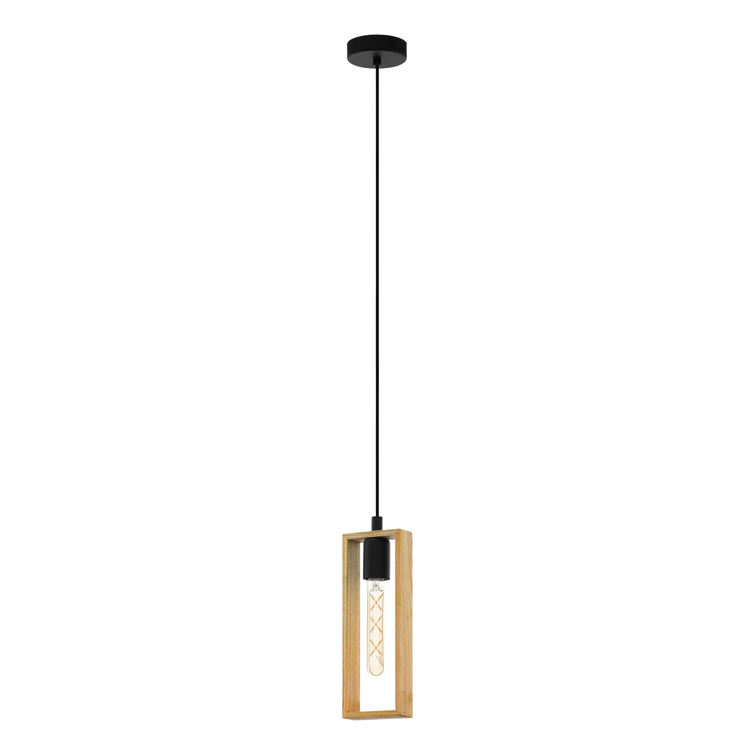 EGLO Pendellampe Littleton, Vintage Pendelleuchte im Industrial Design, Retro Hängelampe aus Stahl und Holz, Farbe Schwarz, braun, Fassung E27, FSC zertifiziert