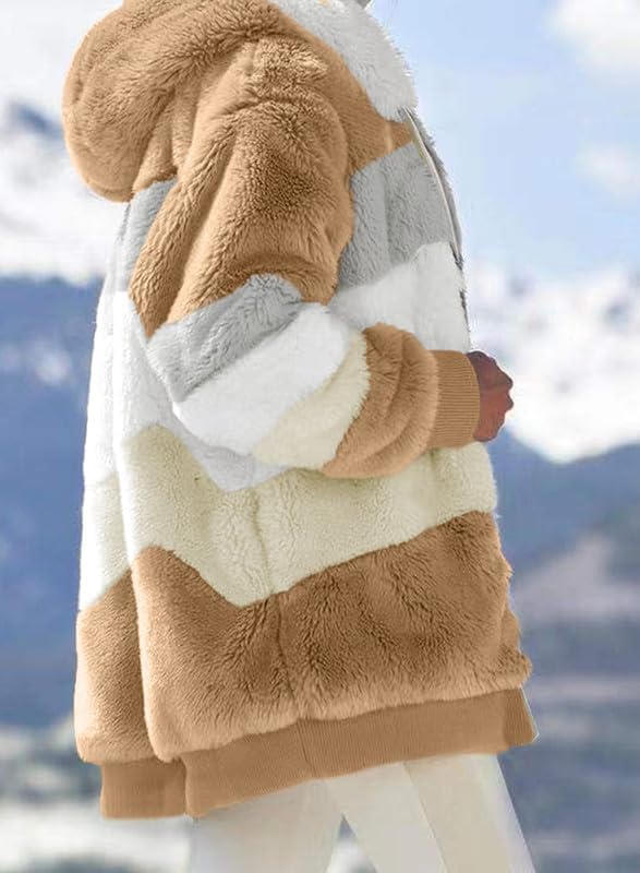 Dokotoo Womens 2025 Winter Fuzzy Fleece Jacket Hooded Color Block Patchwork Cardigan Coats Outerwear with Pockets