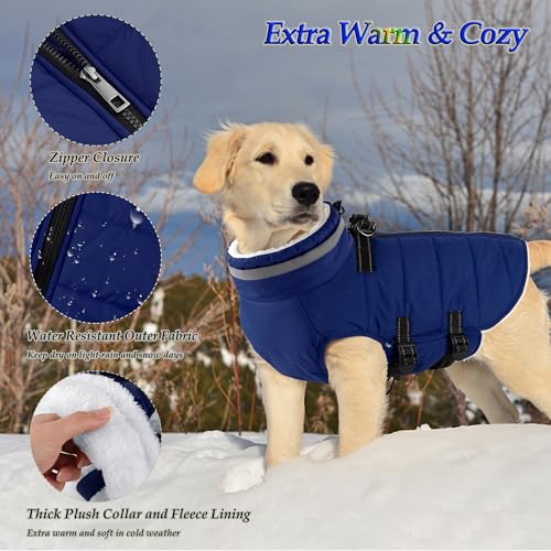 Image of Dogcheer Dog Warm Coat, Waterproof Dog Jacket with Harness - Blue,XL | Reflective Adjustable Puppy Winter Coat with Zipper, Christmas Dog Puffer Jacket, Fleece Cold Weather Coats for Large Dogs