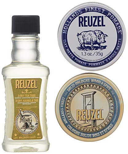 REUZEL Clay Matte Pomade Travel Essentials - Polished Look - Kit Include Pomade, Solid Cologne, 3-In-1 Shampoo, Conditioner And Body Wash - Refreshing And Subtle Fragrances - 3 Pc Kit