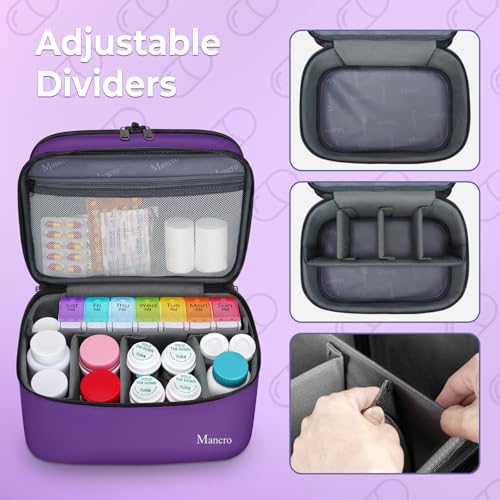Image of Mancro Dual Layers Pill Bottle Organizer Bag, Medicine Pill Organizer Bag with Lockable Zipper, Medicine Travel Bag for Pills, Vitamins, Pill Cutters, Medical Supply for Home Storage, Purple