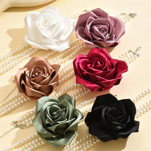 Chunky Large Rose Flower Pearl Necklace,Vintage Satin Fabric Camellia Choker Multi Layer Pearl Clavicle Statement Y2k Aesthetic Jewelry for Women3