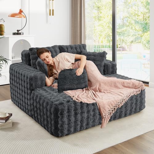 Image of JEEOHEY 56 inch W Oversized Chaise Lounge Chair Indoor,Plush Faux Fur Sleeper Couch Sofa Bed with Pillows,Fluffy Comfy Cloud Sofa,Compression Foam Boneless Couch for Living Room,Bedroom(Bubble, Grey)
