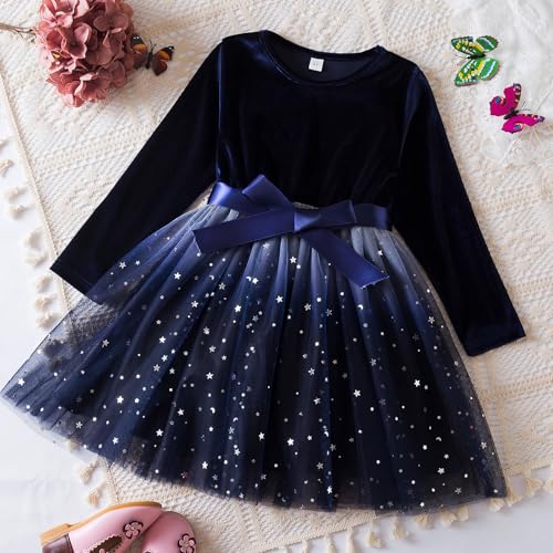 HNXDYY Little Girls Long Sleeve Star Print Knee Length Casual Princess Dress3