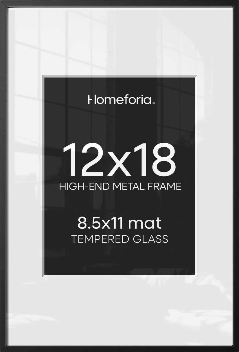 Homeforia 12x18 Black Picture Frame, High-End Metal, 8.5x11 Mat, Glass