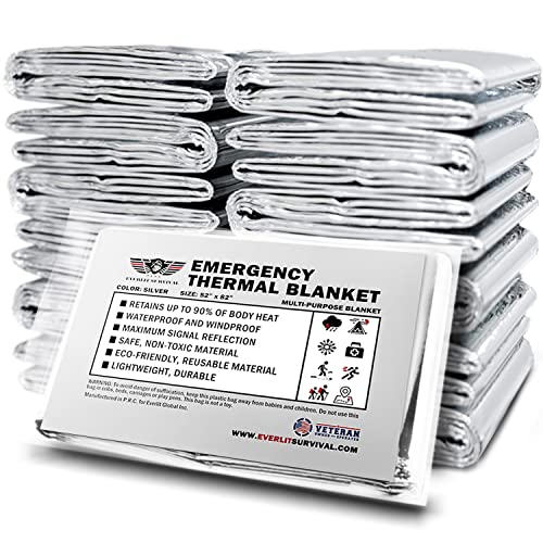 EVERLIT Survival Emergency Mylar Thermal Blankets -Space Blanket Survival kit Camping Blanket Perfect for First Aid Kit, Outdoors,Hiking,Survival,Bug Out Bag,Marathons (Silver, 12 Pack)