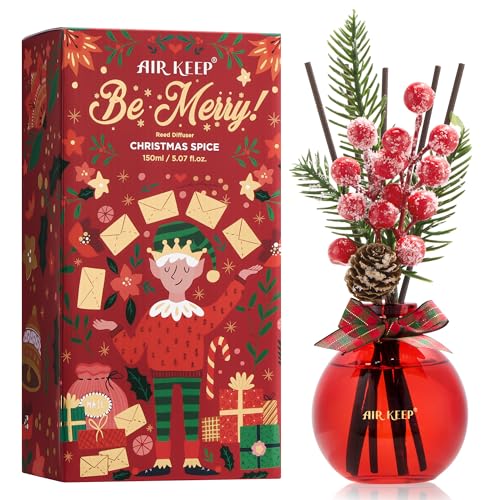 Airkeep Christmas Reed Diffusers Set 5.07 oz Christmas Spice Scented Diffuser with 8 Sticks Long Lasting Home Fragrance for Long Days Perfect for Bathroom Shelf Decor Air Fresheners