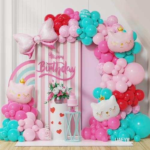 148Pcs Cartoon Cat Balloon Arch Garland Kit Hot Pink Rose Red Tur...