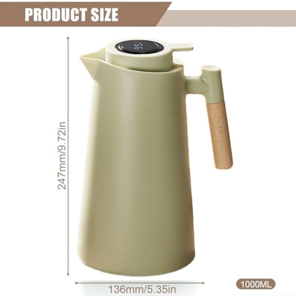 Isolierkanne 1L Glas mit 24h Temperaturhaltung - für vakuum Kaffeekaraffe Holzoptik für griff für Büro Camping