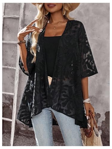 OYOANGLE Women's Lace Sheer Open Front Cardigan 3/4 Sleeve Lightweight See Through Jacket4
