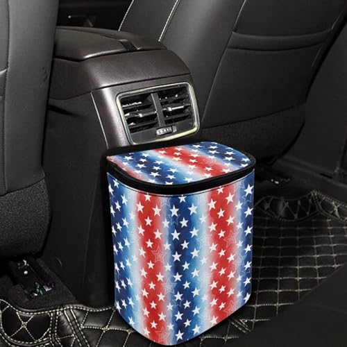 Image of Talayituse American Flag Star Print Car Trash Can with Lid, 4th of July Leak Proof Auto Trash Bag Hanging Vehicle Garbage Can Multipurpose Storage Container for Back Seat Road Trip