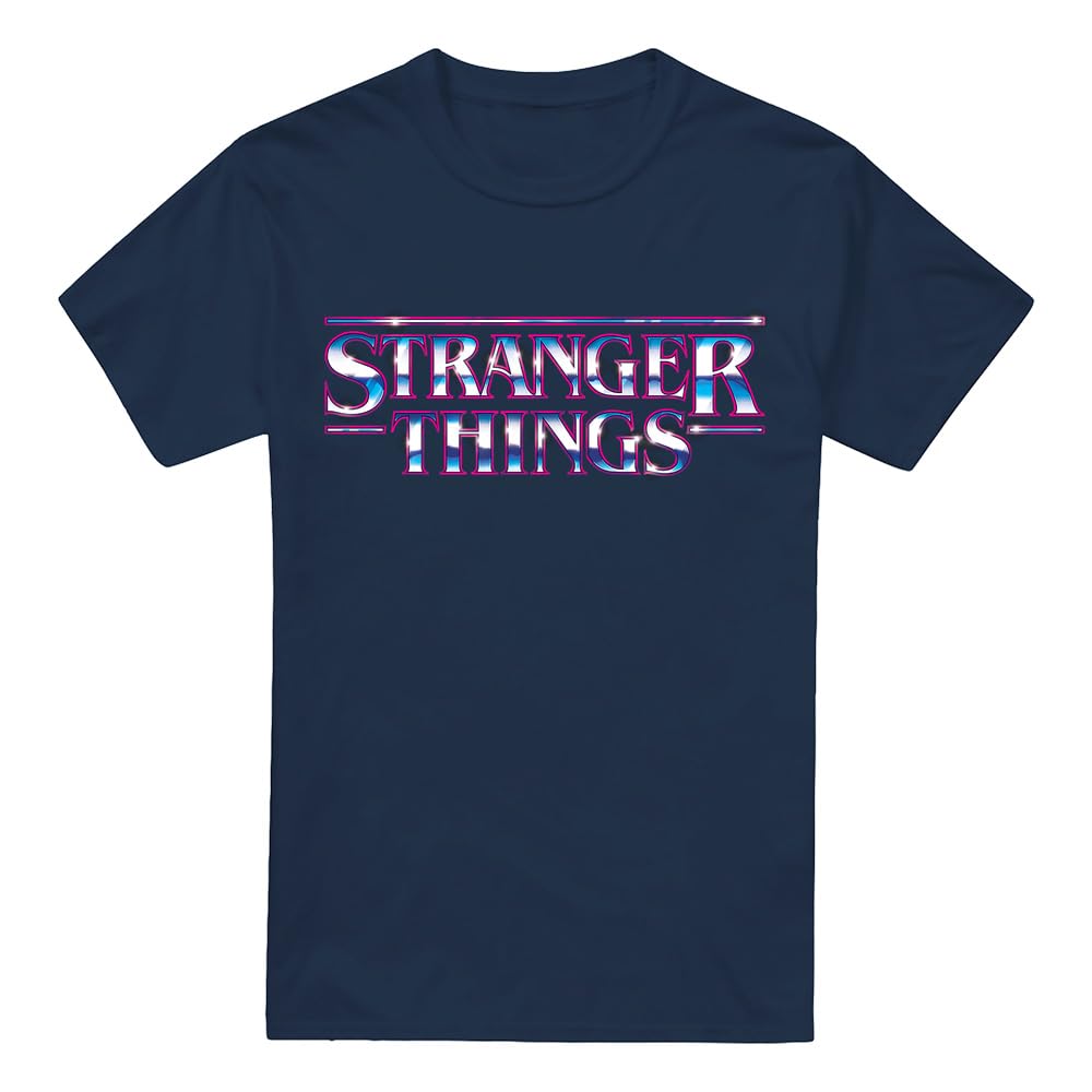 Stranger Things Men's Blue Chrome Metal Logo T-Shirt Navy in Size L, Sports Direct