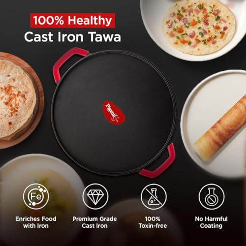 Image of Pigeon Pre-Seasoned Cast Iron Tawa 30cm |Pre-Seasoned with 100% Vegetable Oil |Naturally Nonstick |High Pressure Casting |Toxin-Free |Double Side Handles|Induction & Gas Stove Compatible