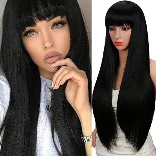 Kalyss 28 Inches Women's Silky Long Straight Black Wig Heat Resistant Synthetic Wig With Bangs Hair Wig For Women #TOP1