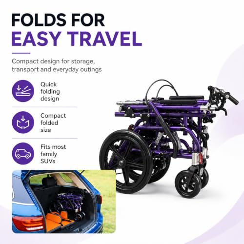 Image of Pediatric Cerebral Palsy Wheelchair - Foldable Adjustable Reclining Wheelchair for Kids,Children's Mobility Wheelchair,Ergonomic Medical Transport Chair for Children with Special Needs (Purple)