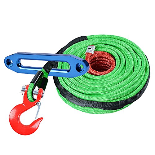 Set 95ft x 3/8 inch (reen Synthetic Winch Cable 22000LBs w/Heat and Rock Guard + Red Clevis Winch Hook + Anodized Blue 10