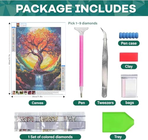 Image of SANYUN Tree of Life Diamond Painting Kits for Adults,Abstract Scenery Full Drill Diamond Art Kits for Beginners,12x16inch Colorful Diamond Dot Art Waterfall for Holiday Gift and Wall Decor