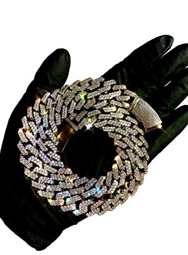 Mens 14k White Gold Finish 12mm Miami Cuban Link Chain Choker Necklace Iced Round Set Cuban Chain for Men, Miami Cuban Link Chain Choker Necklace Real Solid Cuban Choker, Cuban Necklace 20 Inches