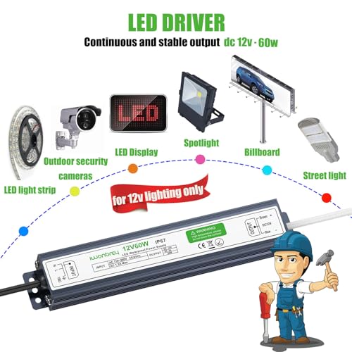 Image of LED Driver 60 Watts Waterproof IP67 Ultra Thin 0.87in 12V 5A DC Output Low Voltage Transformer Outdoor Power Supply Adapter for LED Strip,Landscape Lighting Project, and Any 12V LED Lights