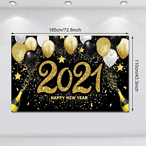 2021 Happy New Year Photograph Backdrop Decoration Black and Gold Happy New Year\'s Eve Banner Fabric New Year Background with Glitter Balloon Star for New Year Party Celebration, 72.8 x 43.3 Inch