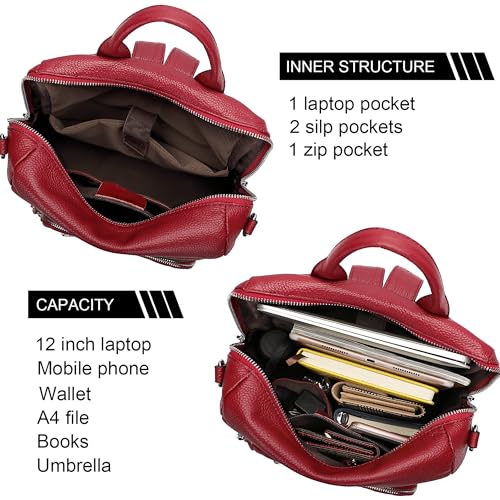 ALTOSY Genuine Leather Backpack Purse for Women Large Shoulder Bag With Laptop Compartment Multiple Pockets(S106 Red)