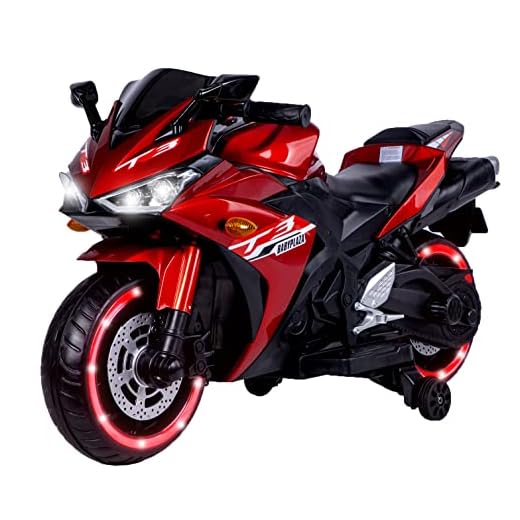 TAMCO Kids Electric Motorcycle with Training Wheels,Ride On Motorbike, Speed by Hand, Music Function, Max Load 66LB (Red)