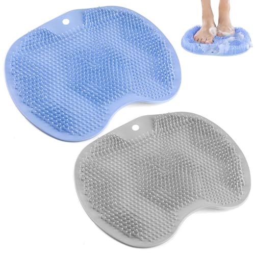 2PCS Silicone Bath Massage Cushion Brush with Suction Cups Blue/Gray Foot Scrubber Mats for Shower Improve Circulation Soothe Tired Feet Wall-Mounted Back Scrubber